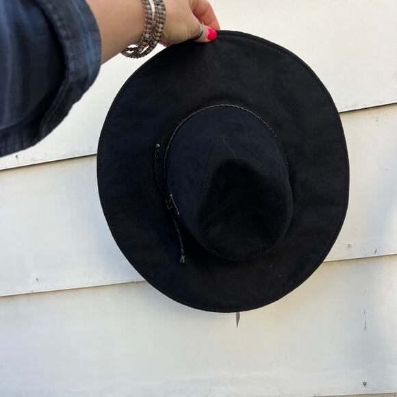 Vince Camuto Black Cowgirl Hat Braided Cord Band Faux Suede Leather O/S NWT